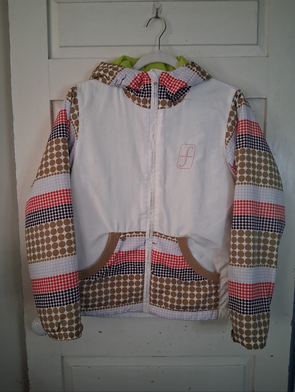 Forum White Polka Dot Patterned Hooded Snowboard Jacket with Multicolor Accents
